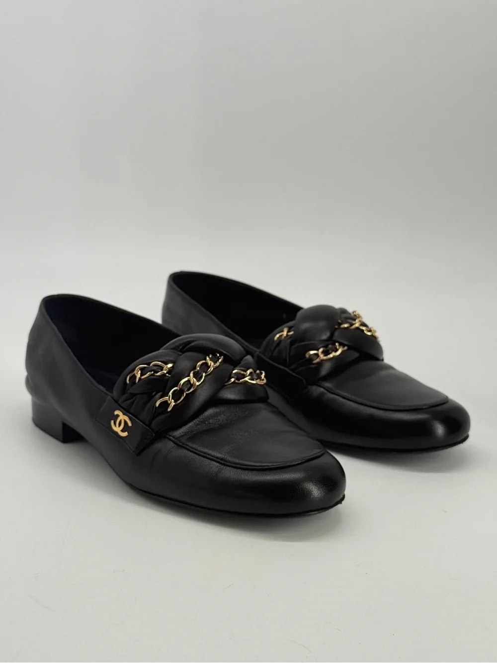 Chanel Loafers Black Leather Moccasins Size EUR 36